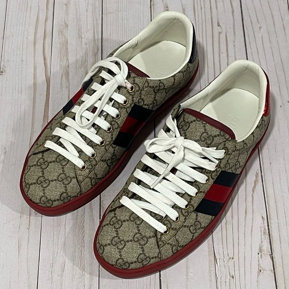 GUCCI  Men's Ace GG Supreme Low Top Sneaker Beige Size - 7 - Picture 3 of 15